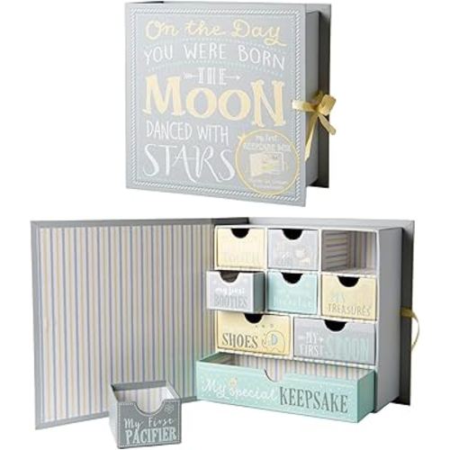 Votum Baby Keepsake Box for Treasured Memories, Moon & Stars - Lightweight, Handcrafted Baby Boxes with 9 Labeled Compartments for First Memories - Gender Neutral Baby Shower Gifts for Girls, Boys