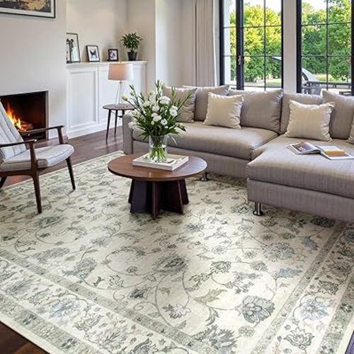Wonnitar Boho Floral Large Rugs for Living Room, Washable 8x10 Area Rugs, Low Pile Non Slip Soft Floor Carpet for Bedroom Dining Room Home Office Department,(Beige,8x10)