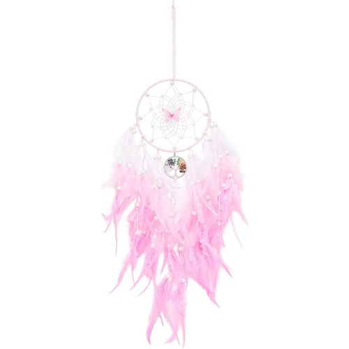 Dreamlike Butterfly Tree of Life Dream Catcher Wall Decor Pink Dream Catcher with Crystal Stone Handmade Feather Dreamcatchers Home Decor Wall Hanging for Girls Bedroom Wedding Craft Gift-29.5"
