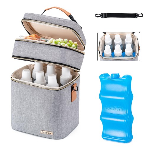 BABEYER Breastmilk Cooler Bag with Ice Pack Fits 6 Baby Bottles Up to 9 Ounce, Double Deck Leak-Proof Baby Bottles Bag with Shoulder Strap for Nursing & Working Mom, Grey