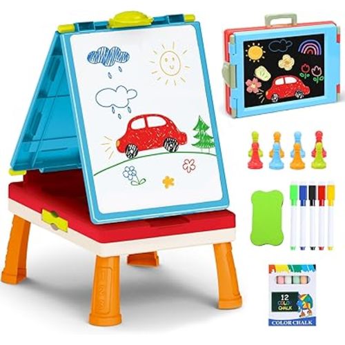 Kids Art Easel Toys, Foldable Double-Sided Tabletop Easel with Chalkboard & Whiteboard, Painting Accessories Included, Creative Gift for Toddlers, Boys & Girls