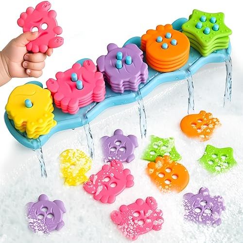 Bath Toys for Kids Ages 1-3 Mold Free Bath Toys Toddlers 2-4 Silicone 21 PCS Ocean Shape Sorters for Toddlers 1-3 Stacking Bathtub Suction Water Play Toys for Toddlers 3-5 Girl Boy Early Learning