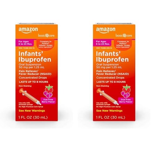 Amazon Basic Care Infants’ Ibuprofen Oral Suspension, 50 mg/1.25 mL, Berry Flavor Concentrated Drops, Dye-Free, 1 fl oz (Pack of 2)