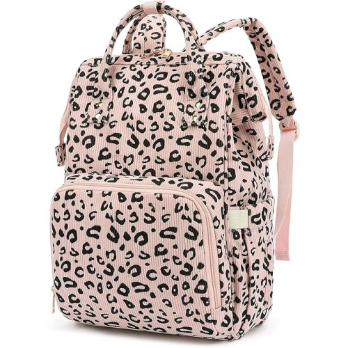 Corduroy Diaper Bag Backpack for Baby Girls Boys, Women Large Nappy Bags for Mom (Pink Corduroy Leopard)