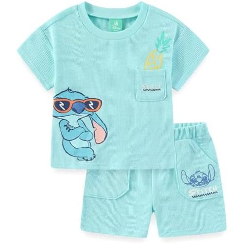 Disney Lilo & Stitch Mickey Mouse Boys Waffle Knit Short Sleeve Shirt and Short Set for Infant Toddler and Big Kids