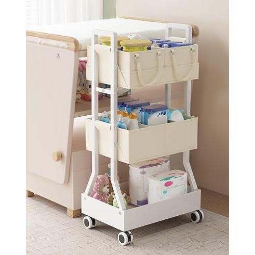 2In1 Baby Diaper Caddy Organizer Cart- Rolling Diaper Cart with Detachable Dividers-Baby Essentials Nursery Storage, for Crib, Bedroom,Kitchen, Bathroom(Off White)