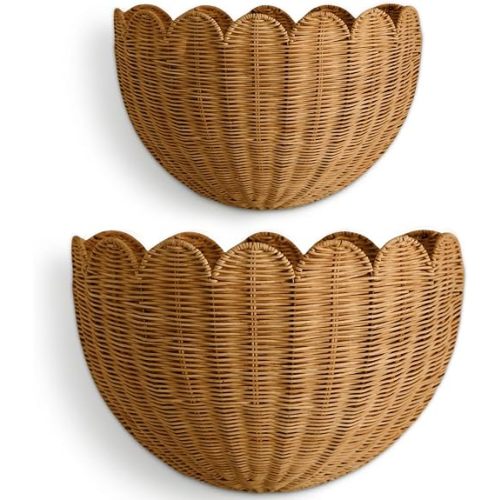 BEBE BASK The Original Scalloped Wicker Wall Basket – Set of 2 – Handwoven Scalloped Wall Baskets (16 x 10 x 7 in), Woven Rattan Wall Hanging Baskets - Mocca Scalloped Basket