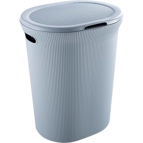 Superio Ribbed Collection - Decorative Plastic Laundry Hamper with Lid and Cut-Out Handles, Blue (1 Pack) Basket Organzier for Bedroom Bathroom College Dorm Room 40 Liter