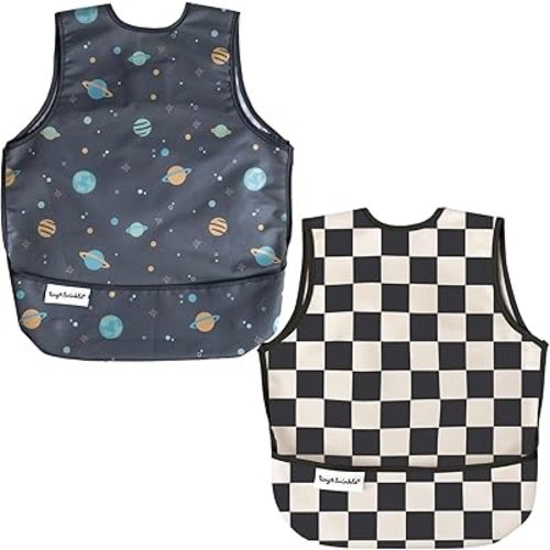 Tiny Twinkle Mess Proof Baby Bibs | 2 Pack Waterproof Toddler Bib for Eating | Baby Apron for Feeding, Machine Washable, Perfect Shower Gift (Space,Black Checkers, 6–24M)