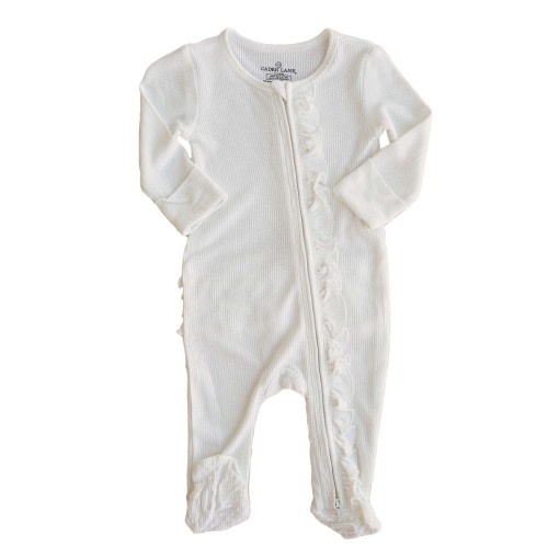 Caden Lane - All Bamboo Waffle Zipper Footies - Cloud White w/ Ruffles