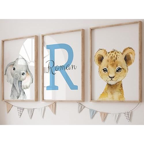 Personalized Safari Animals for Boy Girl Nursery, Set of 3 Unframed Bedroom Poster Prints, Personalized Name Blue Green Yellow, Giraffe Elephant Lion Panda (17x22)