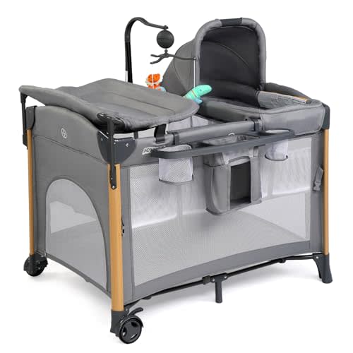 JOYMOR 7 in 1 Bedside Bassinet with Changing Table, All in One Nursery Center, Bedside Sleeper with Mattress, Sheet, Canopy, Storage Shelf and Hanging Toy,Gray