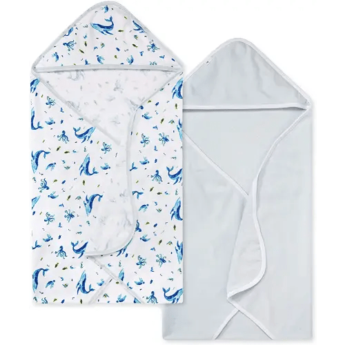 Burts Bees Baby Infant Hooded Towels Whale of a Tale Organic Cotton, Unisex Bath Essentials and Newborn Necessities, Soft Nursery Towel with Hood Set, 2-Pack Size 29 x 29 Inch