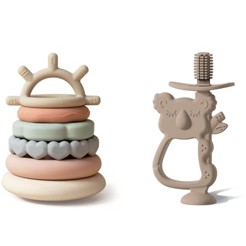 Moonkie Teething Toys | 7-Piece Stacking Ring Set & 360° Baby Toothbrush Teether | BPA-Free Silicone Educational Toys for Babies 6-12 Months