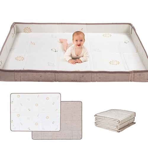 Foldable Soft Foam Baby Play Mat Waterproof 59.1"×71" with Fold-Up Sides - Off White