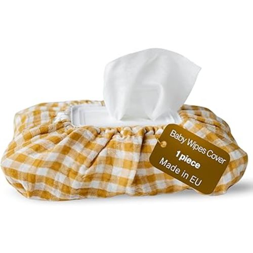 Baby Wipes Cover – Universal Size, One Size Fits All Wipes Packages | Muslin Cotton Tissue Cover for Nursery, Diaper Bag & Changing Table, Station | Gingham & Neutral Patterns (Mustard Yellow Gingham)