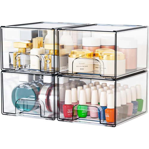 4 Pack Stackable Storage Drawers,4.4" Tall Makeup Organizer Countertop,Clear Acrylic Storage Containers Bins for Vanity,Bathroom,Undersink,Plastic Baby Bottle and Medicine Cabinet Organization
