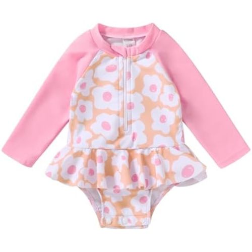 YOUNGER TREE Baby Swimsuit Girl Long Sleeve Ruffle Zipper Rash Guard Infant One Piece Swimwear Toddler Bathing Suit Girl