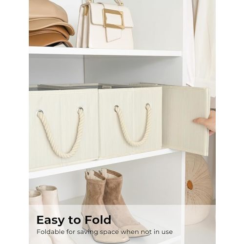 StorageWorks Storage Baskets for Shelves, Foldable Fabric Closet Storage Bins with Handles, Fabric Storage Bins Clothes Organizer, Beige, White & Ivory, 3-Pack, Large