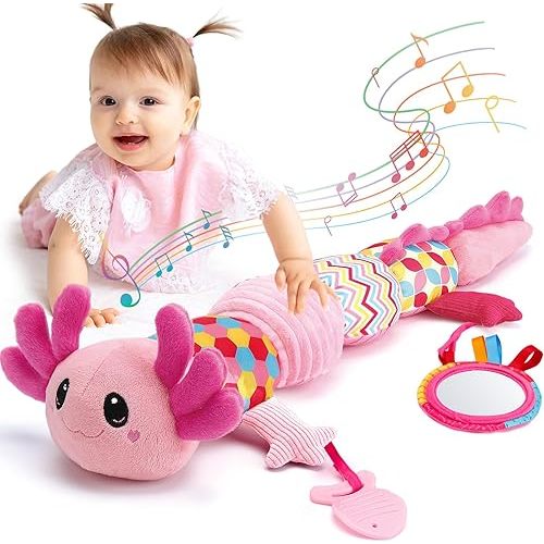 hahaland Tummy Time Toys for Babies 0-6 Months - Musical Axolotl Plush with Rattle, Teether, Mirror, Squeaky, Crinkle - Infant Toys 0-12 Months Baby Gifts