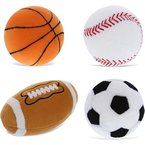DolliBu Sports Balls Plush - Fluffy Soft Toys for Playing Catch With Kids, Squishy Playtime Toys for Girls and Boys, Stuffed Room Decor - 4 Pc Set