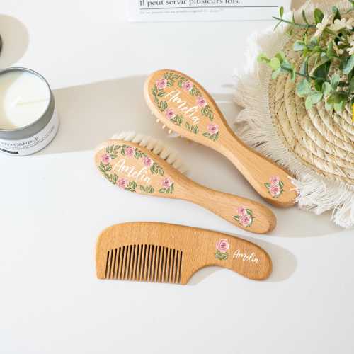 Personalized Wooden Baby Hairbrush Set, Keepsake for Girl or Boy, Custom Baby Birthday Gift, Wooden Hair Brush and Comb for Newborn Gifts