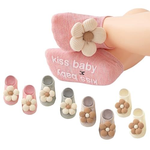 4 Pairs Toddler Baby Girls Socks Floral Anti Slip Grips for Newborn Babies Girls Infant Kids Low Cut Ankle Socks