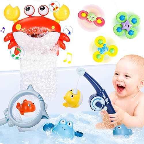 Baby Bath Toys for Toddlers, Bath Toys Set for Toddlers 1-3, Magnetic Fishing Toys with Crab Bubble Maker Suction Spinner Toys Wind-up Toy for Baby Bathtub Toys Gift for Baby Kids Girls Boys
