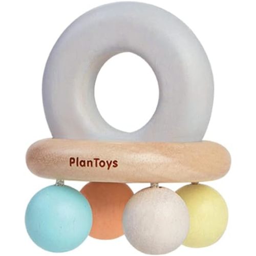 PlanToys Wooden Bell Rattle and Teether Toy (5250) | Pastel Color Collection |Sustainably Made from Rubberwood and Non-Toxic Paints and Dyes