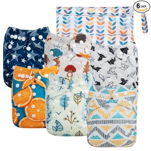 babygoal Cloth Diaper Covers 6 Pack with Wet Bag for Fitted Diapers and Prefolds with Double Gussets, Adjustable and Reusable for Baby Boys