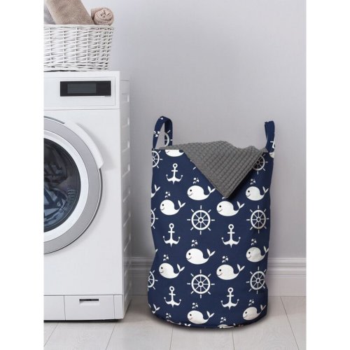 East Urban Home Ambesonne Navy Blue Laundry Bag, Maritime Pattern With Whales Helms Anchors Nautical Elements Deep Sea Life, Hamper Basket With Handles Drawstring Closure For Laundromats, 13" X 19", Navy Blue White | Wayfair
