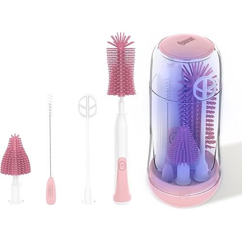 Electric Bottle Brush, Electric Bottle Brush Cleaner with UV Light, Rechargeable Baby Bottle Brush Set with Nipple & Straw Brush, Mixing Head, Drying Rack and Storage Box