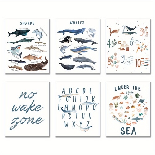 Room Decor 6pcs Ocean Themed Educational Posters, Frameless Marine Life Wall Art Set, Whales, Sharks, Alphabet & Numbers, Early Learning Classroom Decor, 8x10 Inch Paper Posters