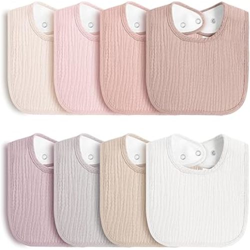 8-Pack Baby Muslin Bibs, Soft Cotton Drool Bibs for Boys Girls, Adjustable and Absorbent Newborn Bib Set for Feeding and Drooling