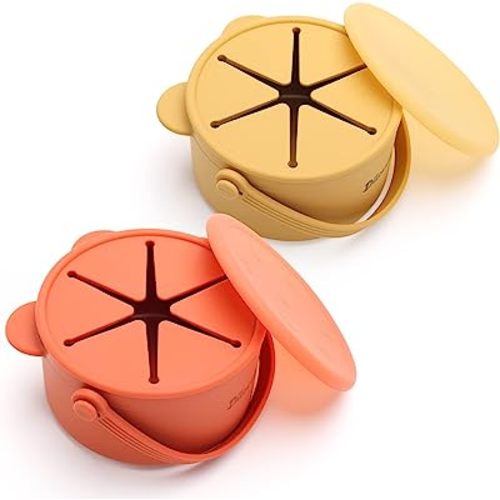 Silicone Snack Cups for Toddlers, Baby Snack Containers, Kid Treat Catcher with Handle Dust Proof Lid, 2 Pack Dishwasher Safe and BPA Free 9 oz