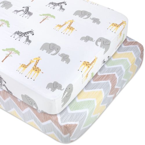 Standard Microfiber Fitted Crib Sheets for Baby Girl, Baby Boy, and Neutral, 2 Pack Crib Sheets Crib Essentials for Baby 28x52 Crib Sheets (Jungle & Chevron)