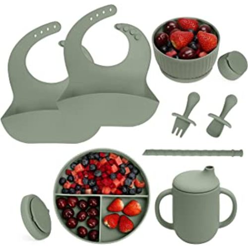 Baby Led Weaning Supplies - CSFICTS Baby Feeding Set - Silicone Suction Bowls, Divided Plates, Straw Sippy Cup - Toddler Self Feeding Eating Utensils Dishes Set with Bibs, Spoons, Fork - 6 Months