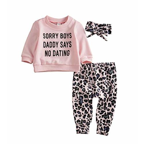 Madjtlqy Newborn Baby Girls Clothes Daddy Saying Top Printed T-Shirt Leopard Pants+Headband Sweatshirt Outfit Set