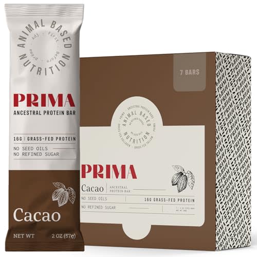 PRIMA ANCESTRAL PROTEIN BAR Grass Fed Protein Bars, 7 Pack Animal-Based Protein Bar with Beef Tallow, Raw Honey, Seed Oil Free, Low Carb, Gluten-Free Healthy, Energy Snacks for Clean Lifestyle (7 Pack, Cacao)