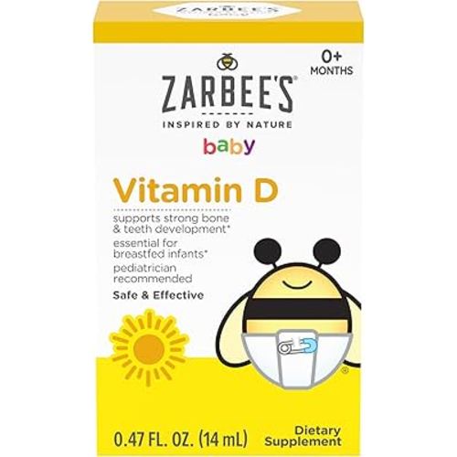 Zarbee's Vitamin D Drops for Infants, 400IU (10mcg) Baby & Toddler Liquid Supplement, Newborn & Up, Dropper Syringe Included, 0.47 Fl Oz