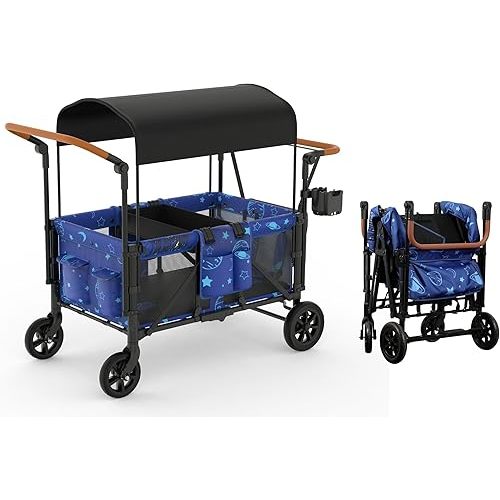 4 Seater Stroller Wagon for Kids, Collapsible Baby Wagon with Removable Sun Canopy and 5-Point Harness, Foldable Design with Snack Tray Storage Bag, All-Terrain Wheels for Camping Travel Shopping