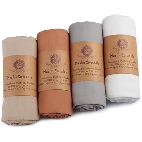 Meracorallo Muslin Swaddle Blanket Silky Soft Receiving Blanket Neutral Swaddle Wrap for Baby Boys and Girls, 47 x 47 inches, Set of 4 Solid Color