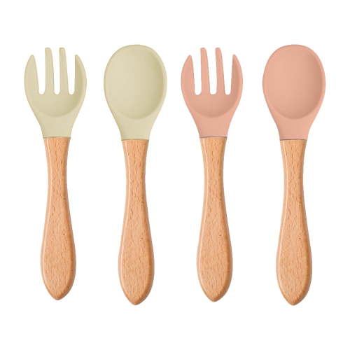 4pcs wooden handle silicone spoon fork baby children fork spoon silicone fork spoon long handle fork spoon
