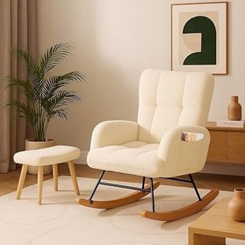 COMHOMA Nursery Rocking Chair with Ottoman,Teddy Glider Rocking Chair,Accent Chair with High Backrest Reading Chair for Adult,Nursery,Bedroom,Living Room,Offices(Beige with Ottoman)