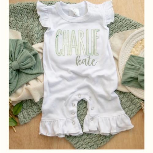 Personalized Baby Girl Outfit | White Flutter Sleeve Ruffle Romper Flo – Wonderfully Made