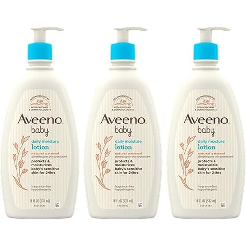 Aveeno Baby Daily Moisture Lotion for Delicate Skin with Natural Colloidal Oatmeal & Dimethicone, Hypoallergenic, Fragrance-, Phthalate- & Paraben-Free, 3 x 18 fl. oz