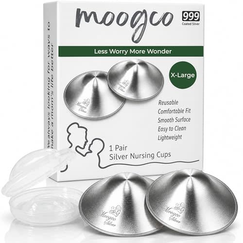 MOOGCO The Original Silver Nursing Cups - Nipple Shields for Breastfeeding Newborn - Breastfeeding Essentials - 999k Tri-Laminate Silver for Larger Sizes (X-Large, Set of 2)