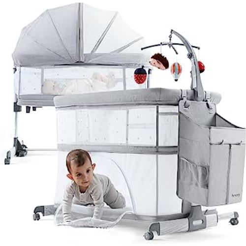 5 in 1 Baby Bassinet Bedside Sleeper, besrey Playpen with Bassinet & Baby Cradle, Adjustable Bedside Crib Bassinet for Newborn Infant with Mobile Toy Hanger, Hanging Diaper Bag, Mosquito Net, Mattress