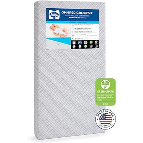SEALY BABY OmniPedic Refresh Breathable 2-Stage Crib Mattress & Toddler Mattress, Removable Washable Knit Cover, Baby Mattress for Crib, GREENGUARD Air Quality Certified, Made in USA, 52x28 Inches