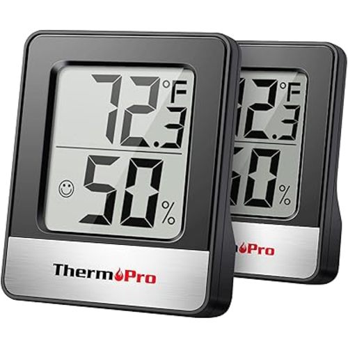ThermoPro TP49 2 Pieces Digital Hygrometer Indoor Thermometer Humidity Meter Mini Hygrometer Thermometer with Temperature and Humidity Monitor Room Thermometer Black